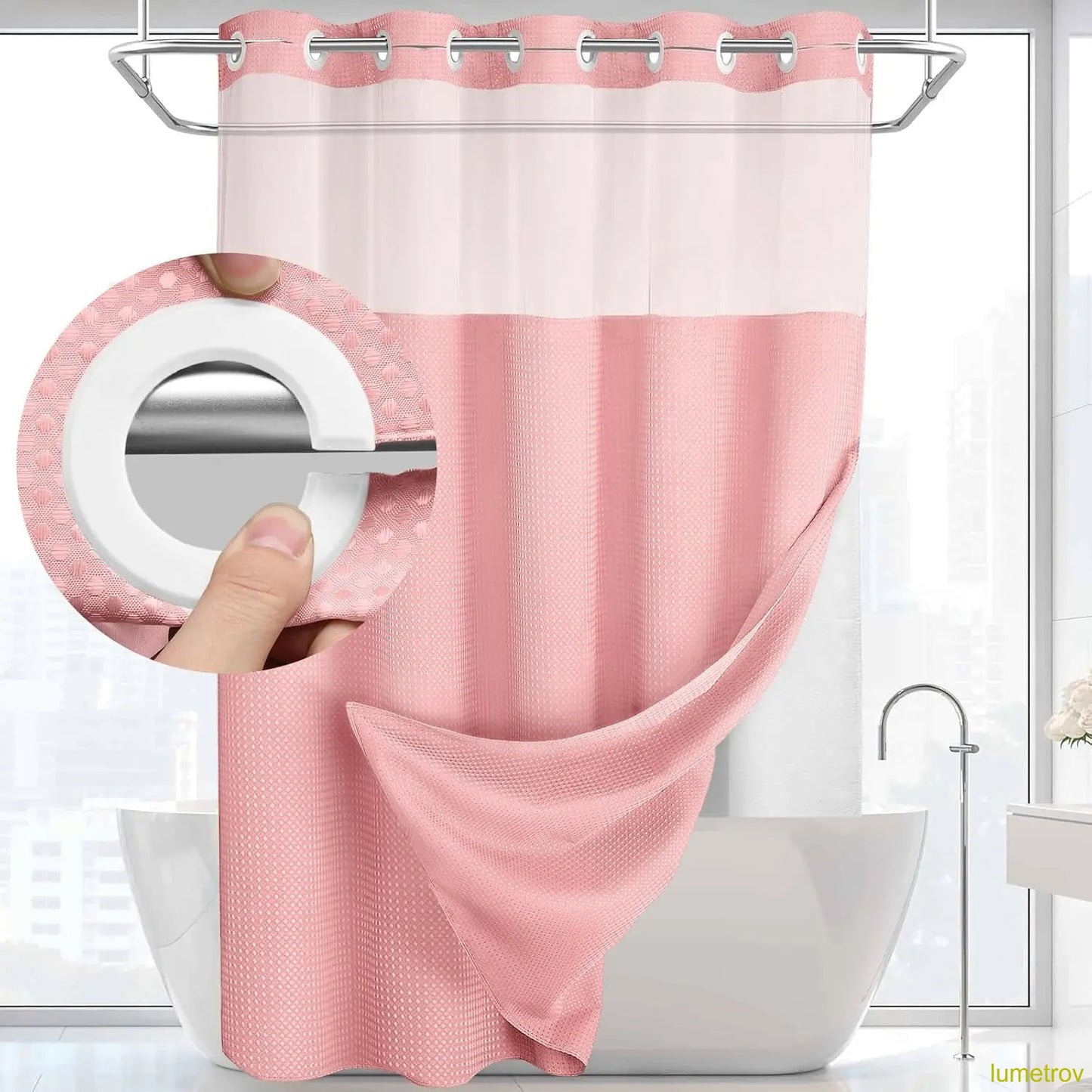 Hookless, waterproof double-layer shower curtain with a waterproof and washable lining
