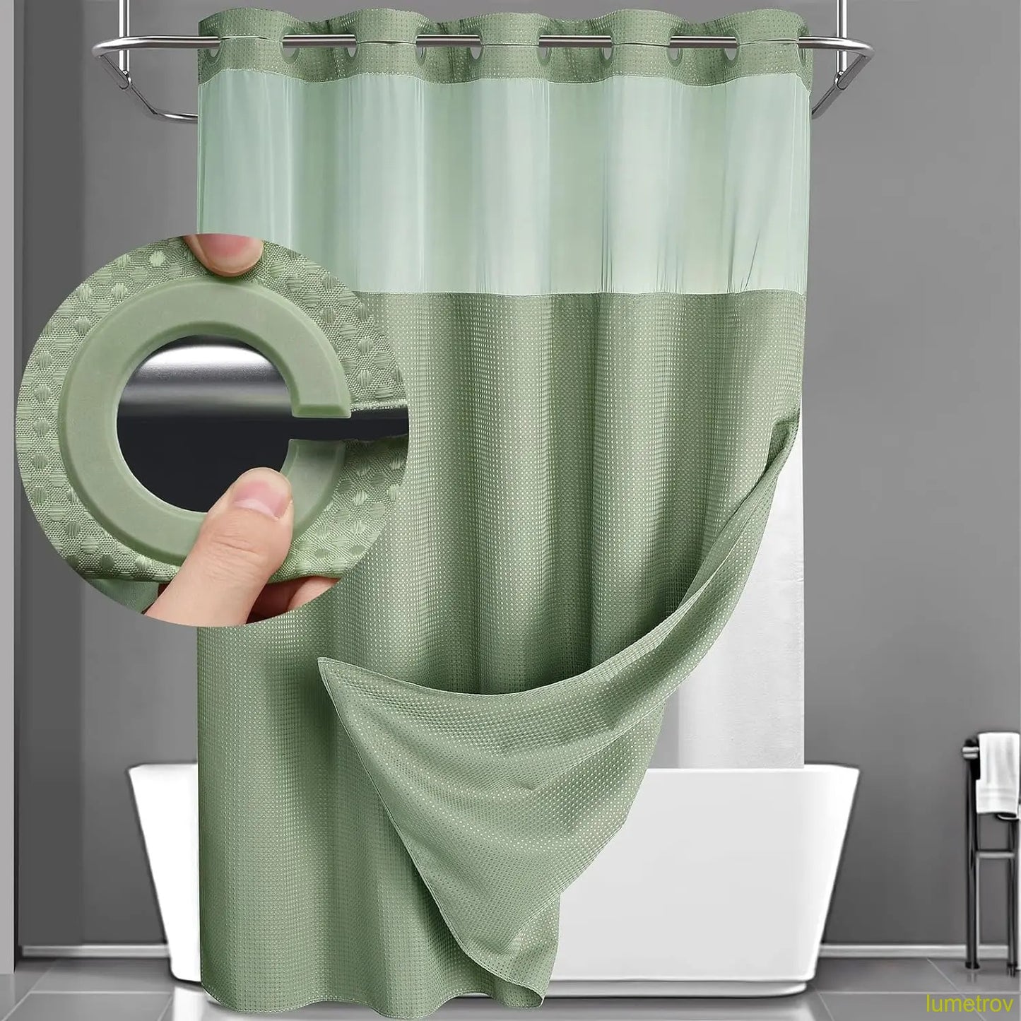 Hookless, waterproof double-layer shower curtain with a waterproof and washable lining