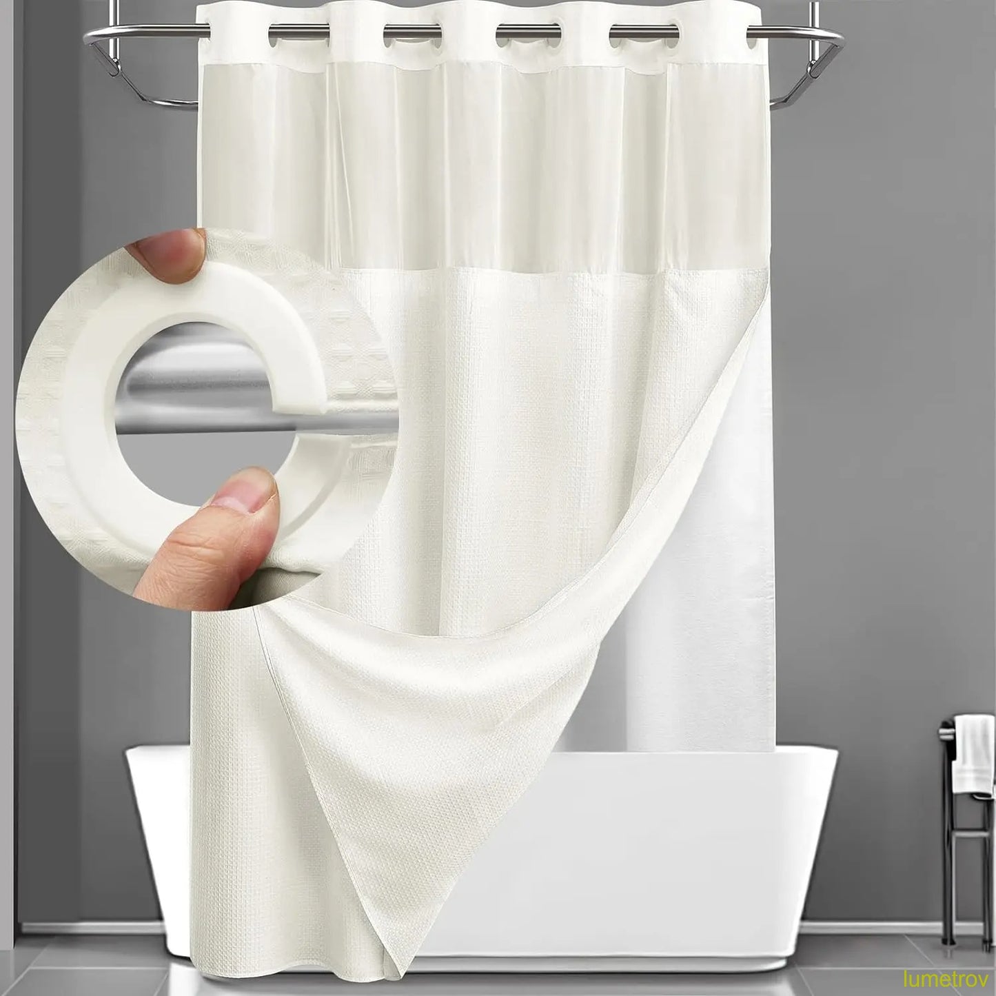 Hookless, waterproof double-layer shower curtain with a waterproof and washable lining