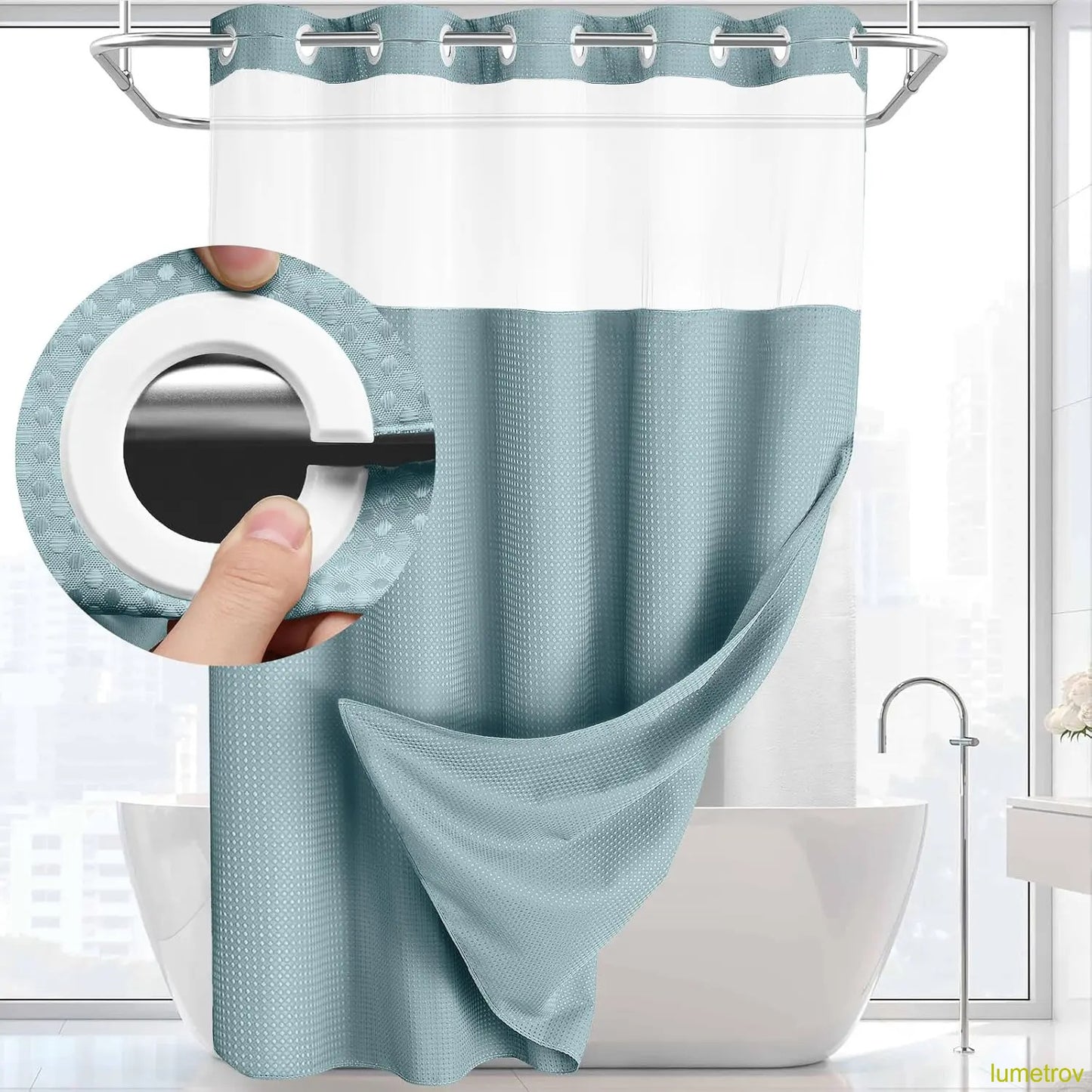 Hookless, waterproof double-layer shower curtain with a waterproof and washable lining