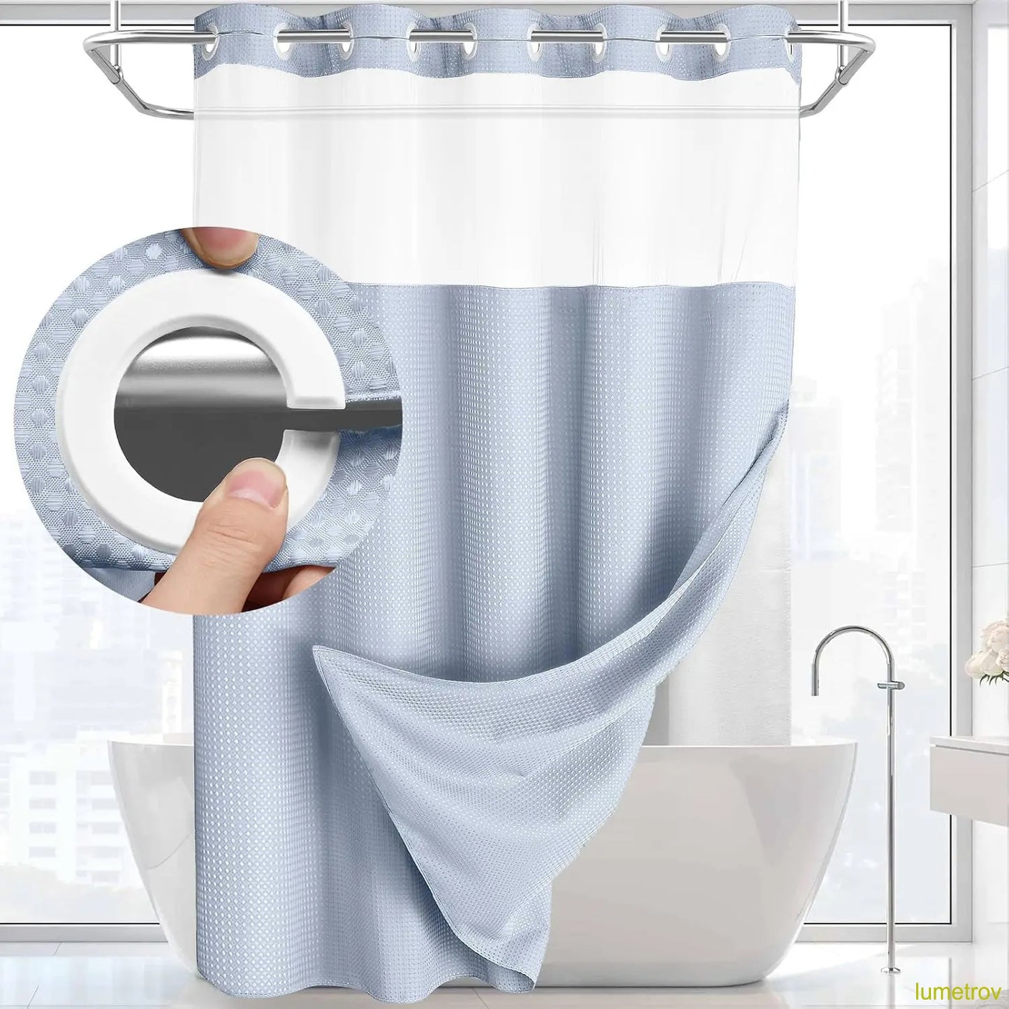 Hookless, waterproof double-layer shower curtain with a waterproof and washable lining