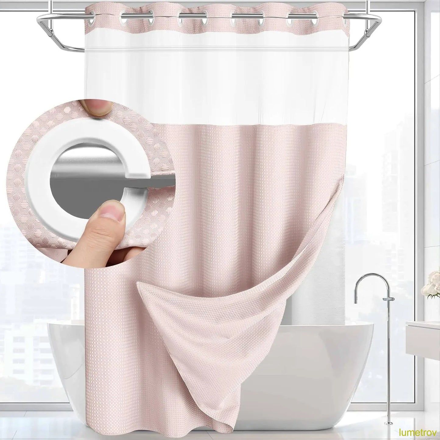 Hookless, waterproof double-layer shower curtain with a waterproof and washable lining