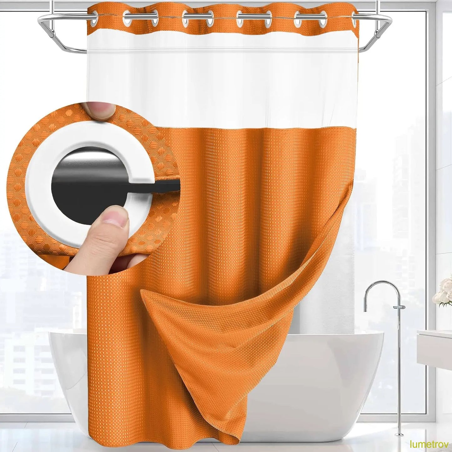Hookless, waterproof double-layer shower curtain with a waterproof and washable lining