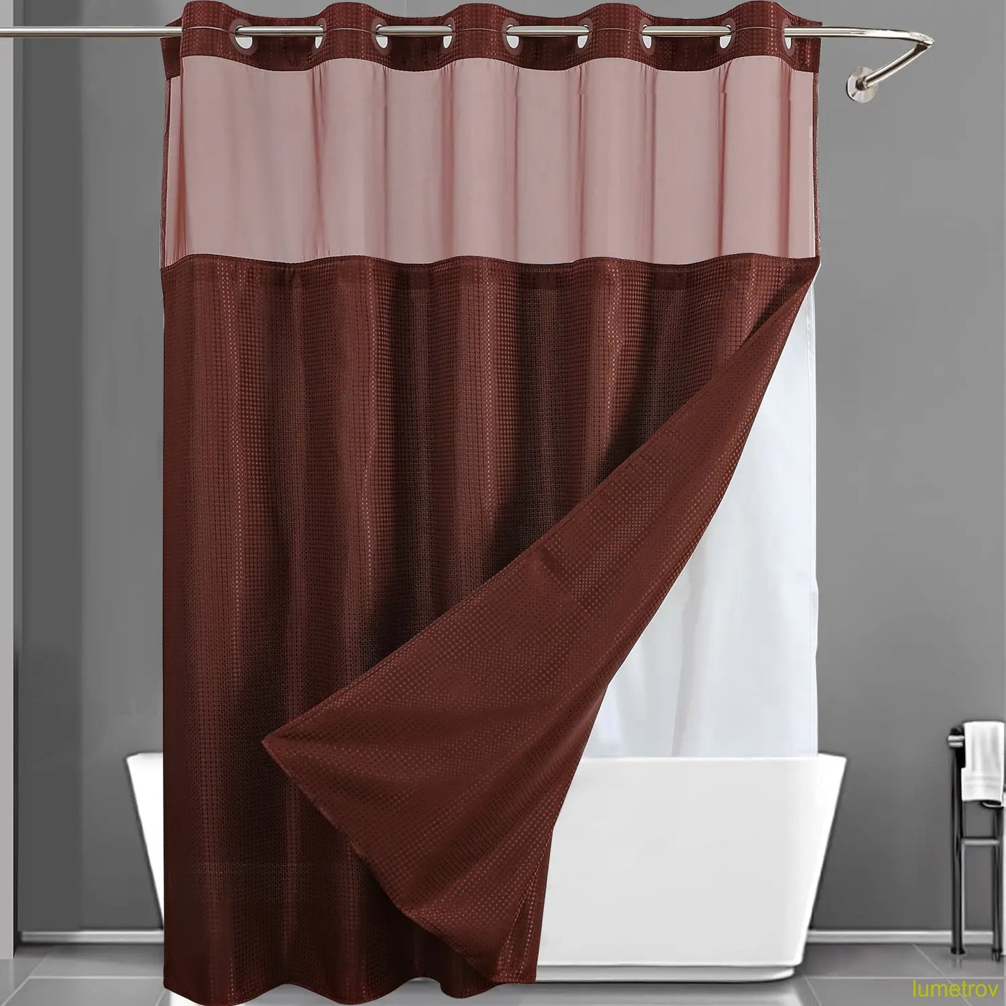 Hookless, waterproof double-layer shower curtain with a waterproof and washable lining