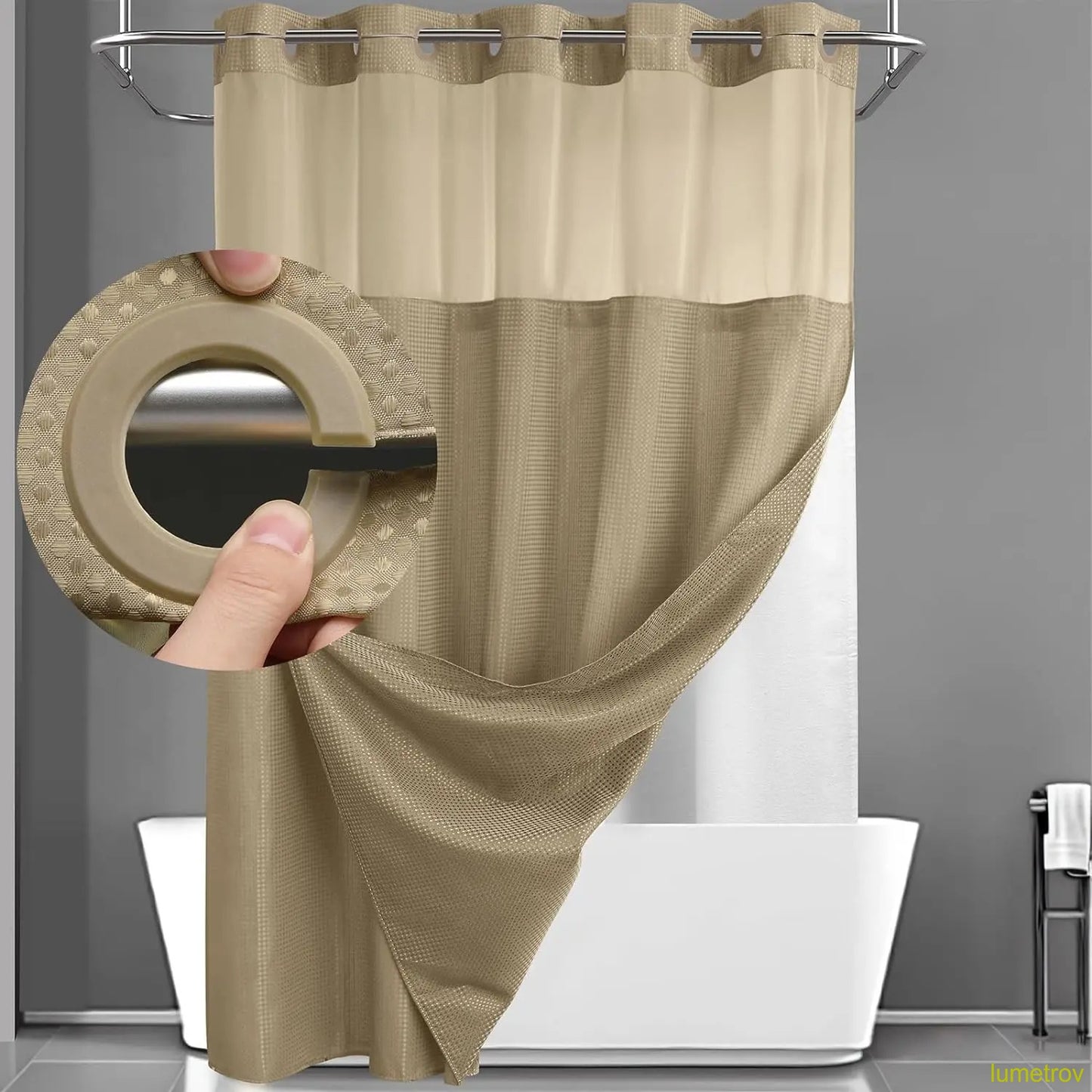 Hookless, waterproof double-layer shower curtain with a waterproof and washable lining