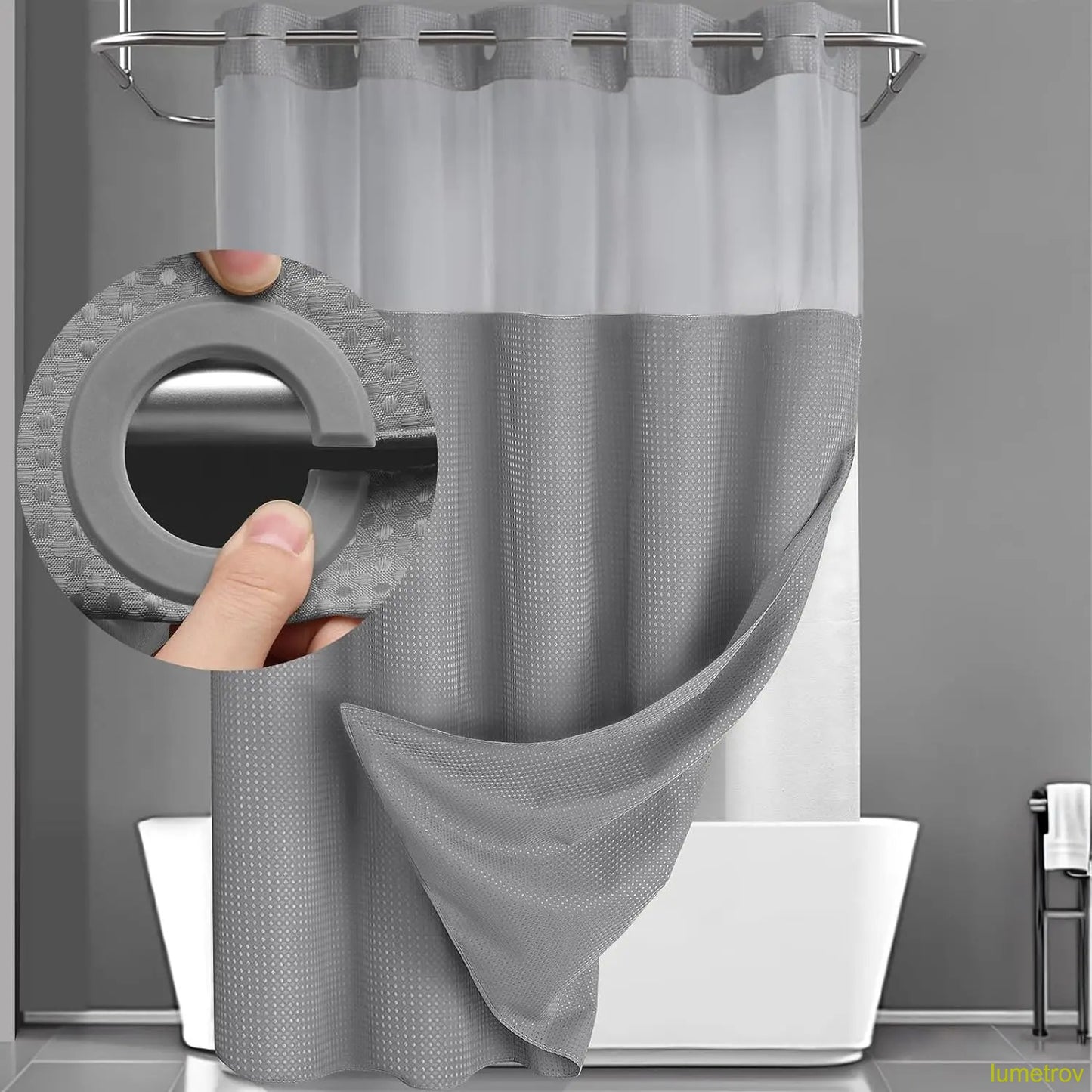 Hookless, waterproof double-layer shower curtain with a waterproof and washable lining