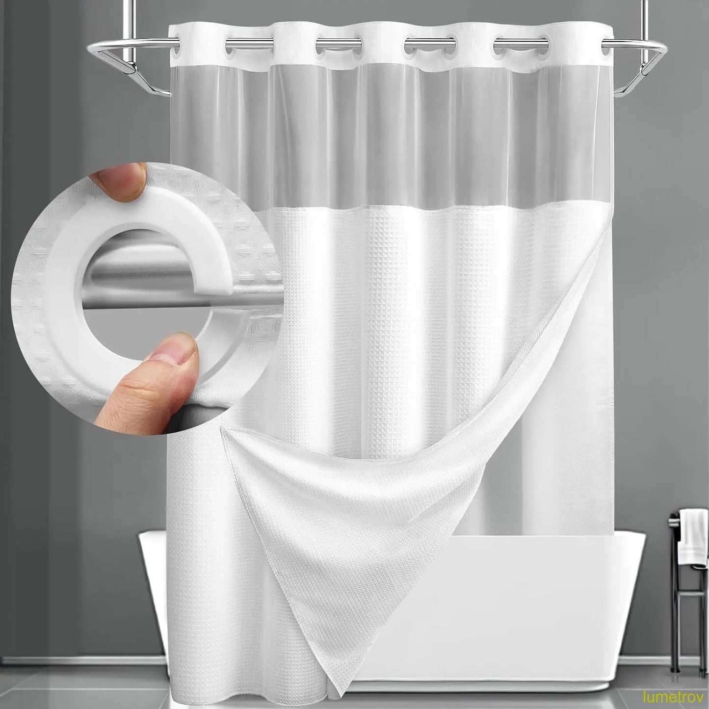 Hookless, waterproof double-layer shower curtain with a waterproof and washable lining