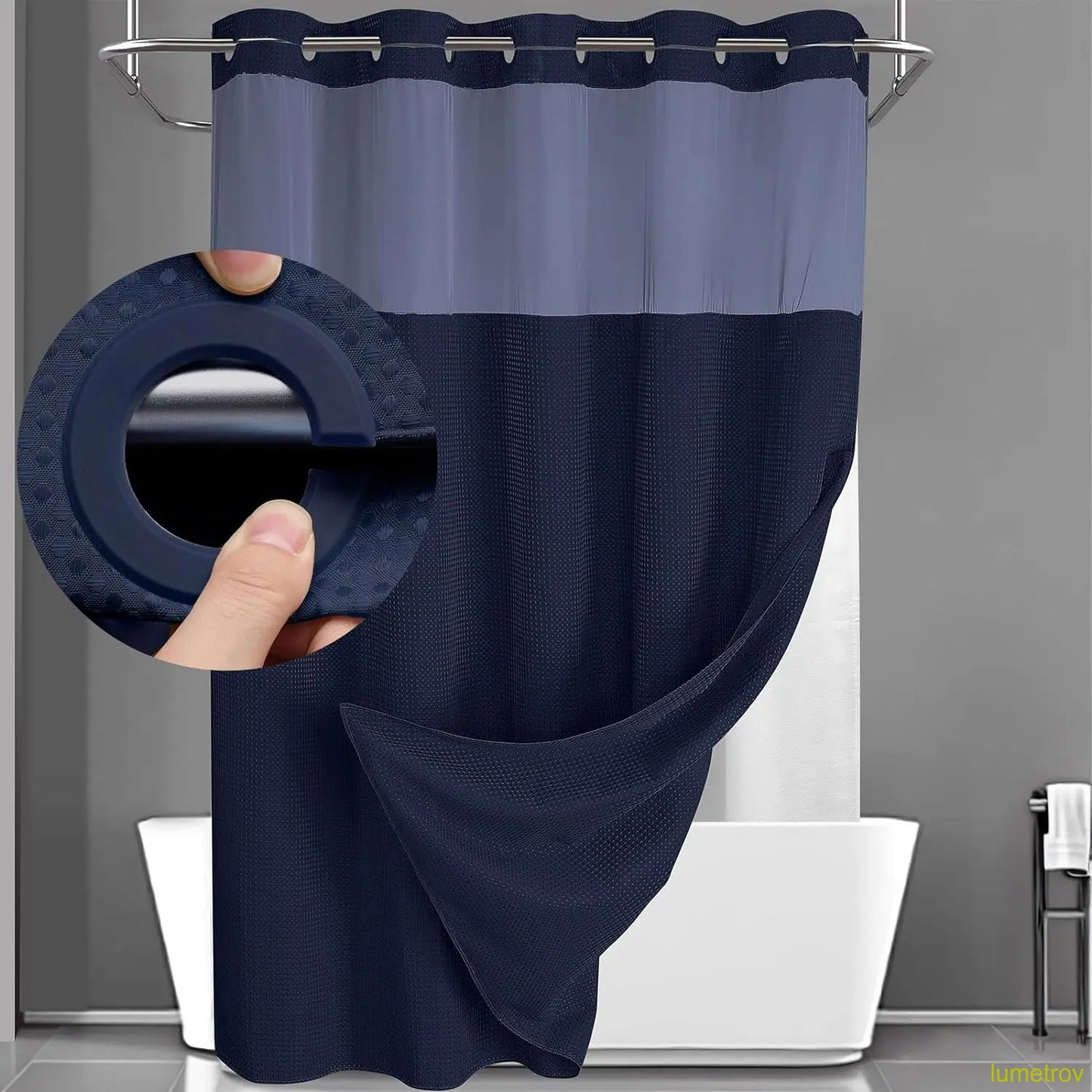 Hookless, waterproof double-layer shower curtain with a waterproof and washable lining