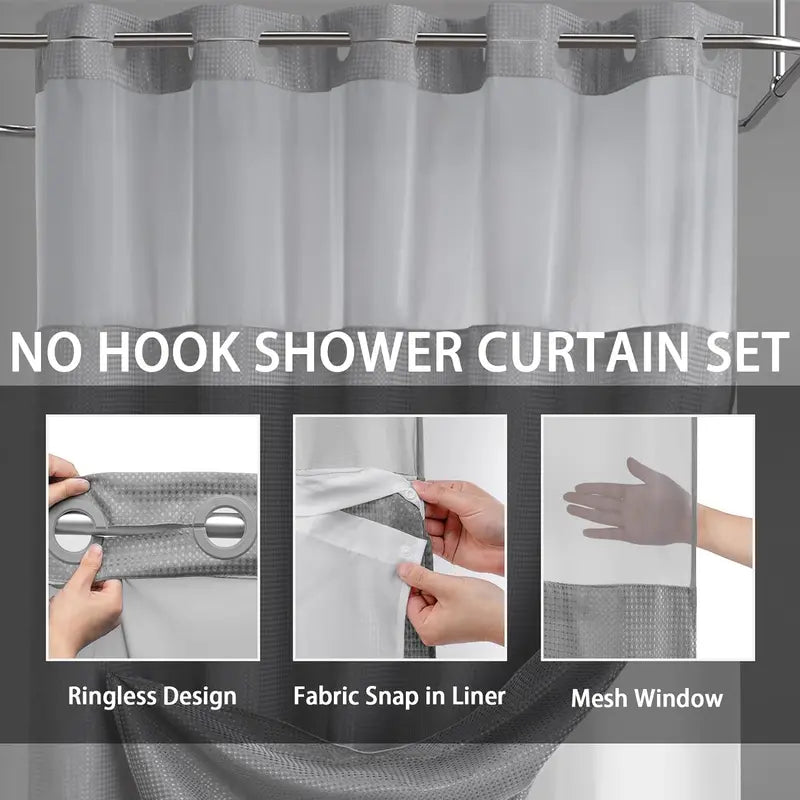 Hookless, waterproof double-layer shower curtain with a waterproof and washable lining