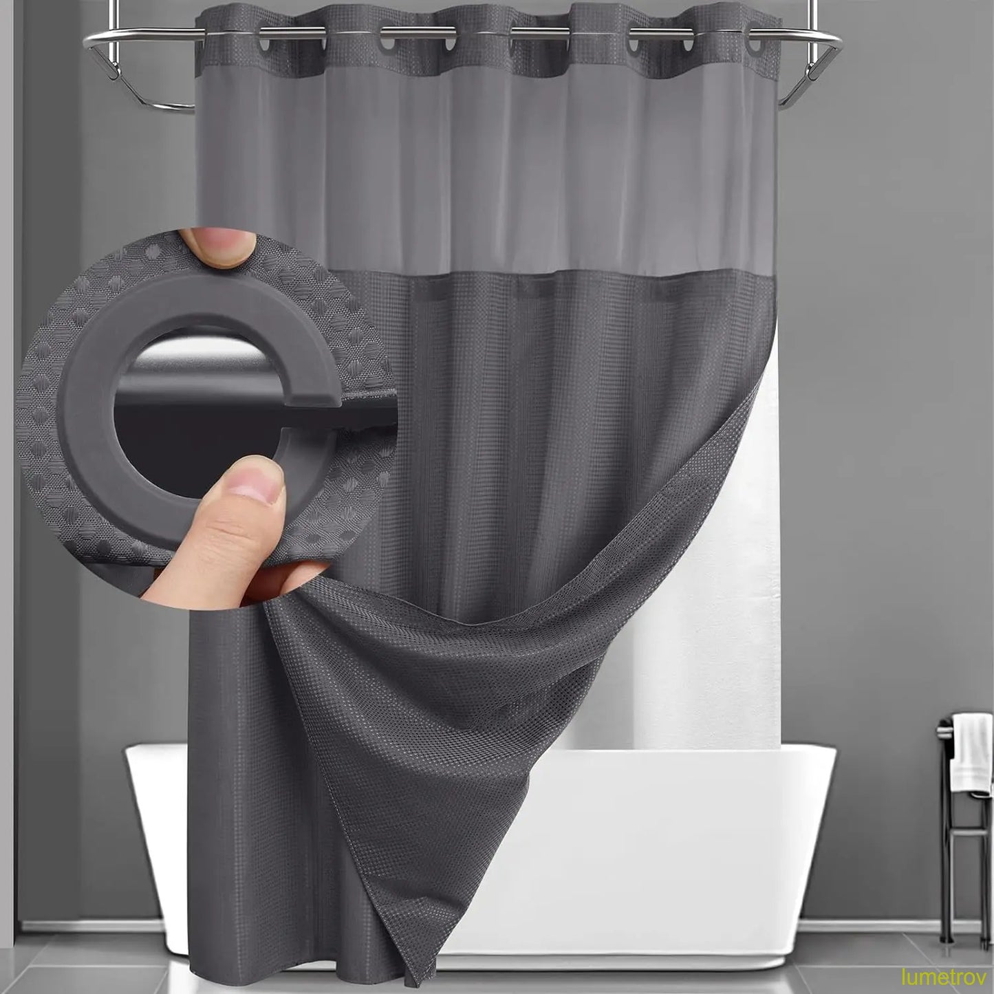 Hookless, waterproof double-layer shower curtain with a waterproof and washable lining