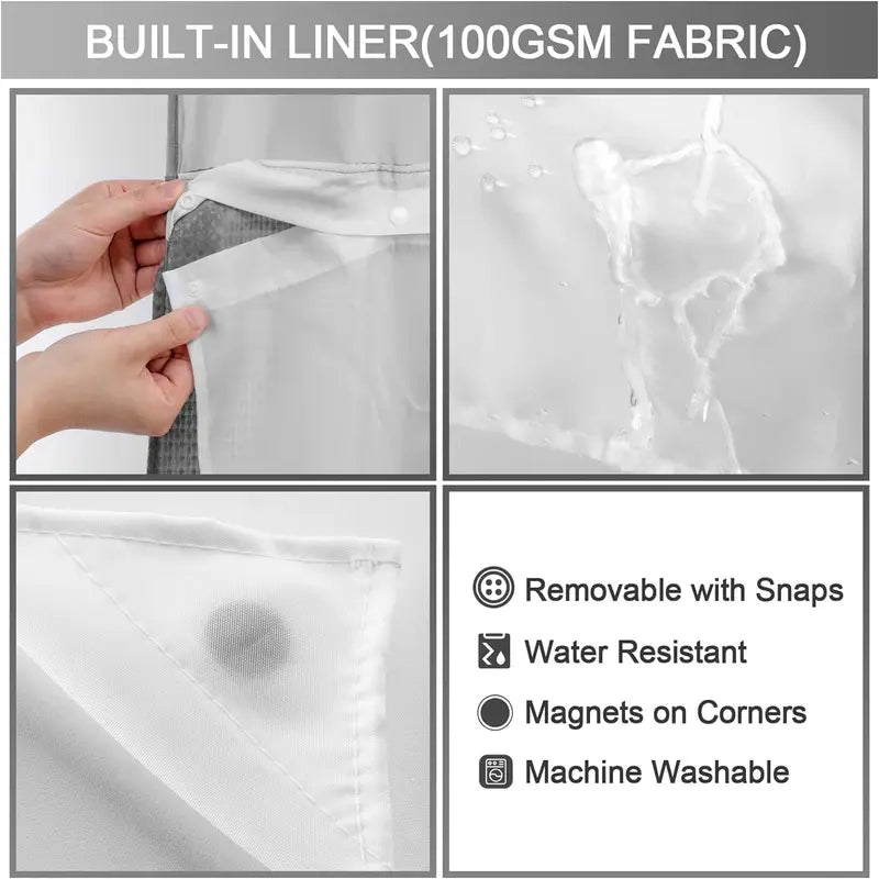 Hookless, waterproof double-layer shower curtain with a waterproof and washable lining